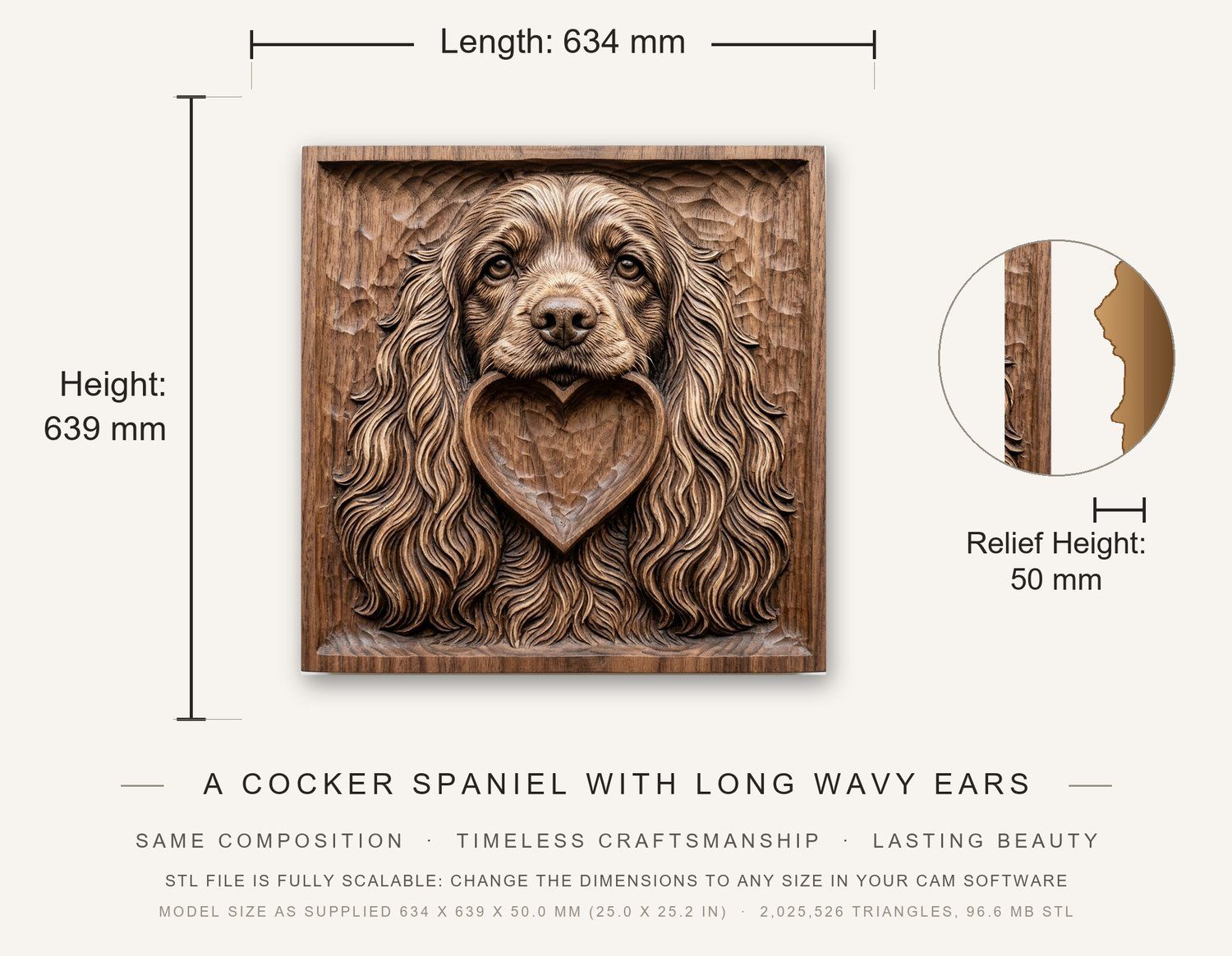 Cocker Spaniel Pet Portrait with Heart CNC Relief STL bas-relief STL — view 12