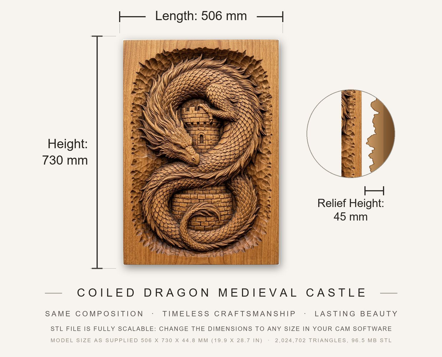 Coiled Dragon Medieval Castle CNC Relief STL bas-relief STL — view 3