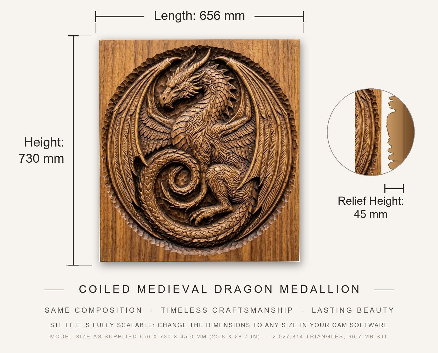 Coiled Medieval Dragon Medallion CNC Relief STL bas-relief STL — view 3