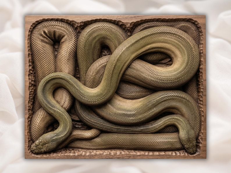Carved wood bas-relief of a thick coiled snake with detailed scales looping across a rectangular panel.