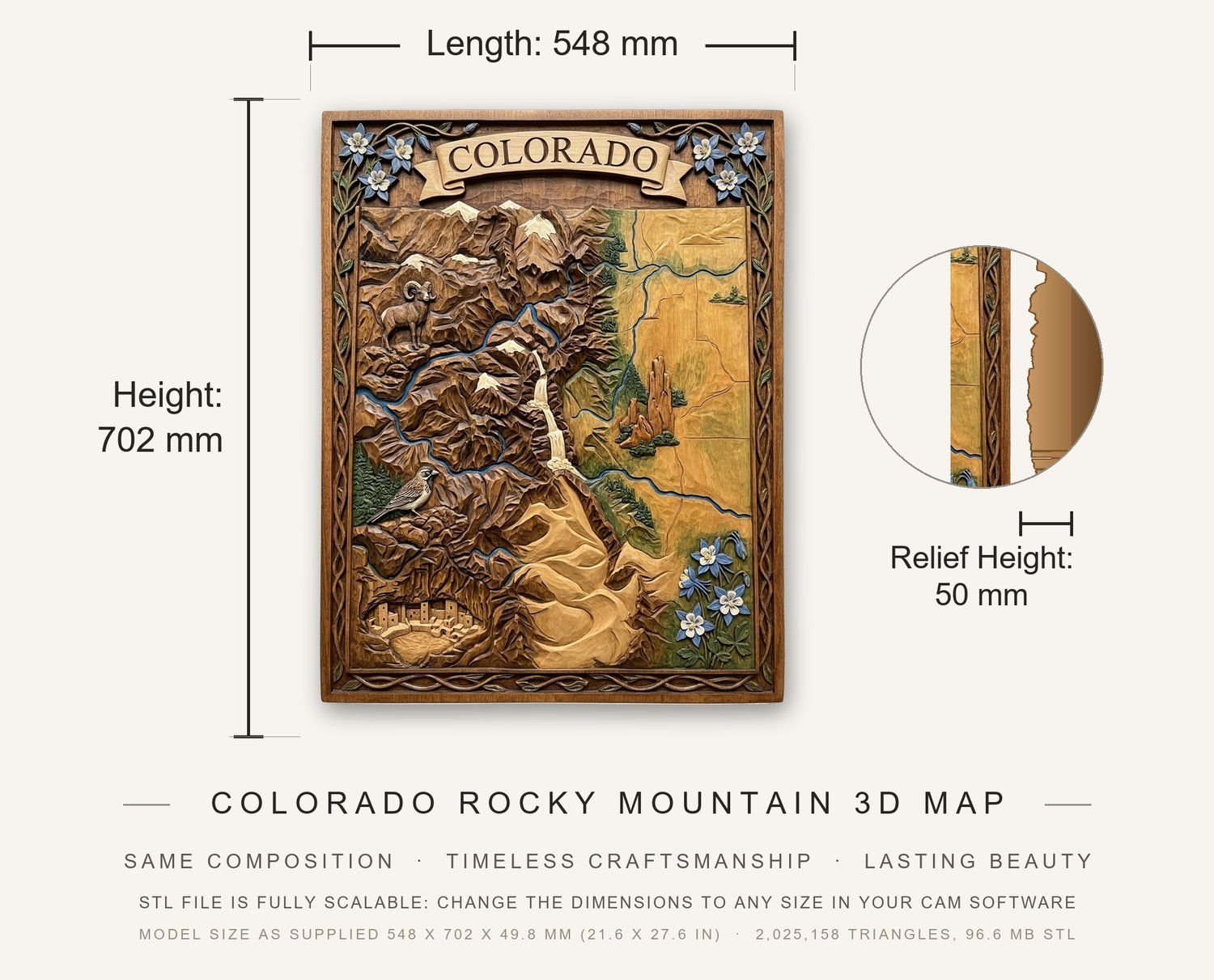 Colorado Rocky Mountain 3D Map CNC Relief STL bas-relief STL — view 3