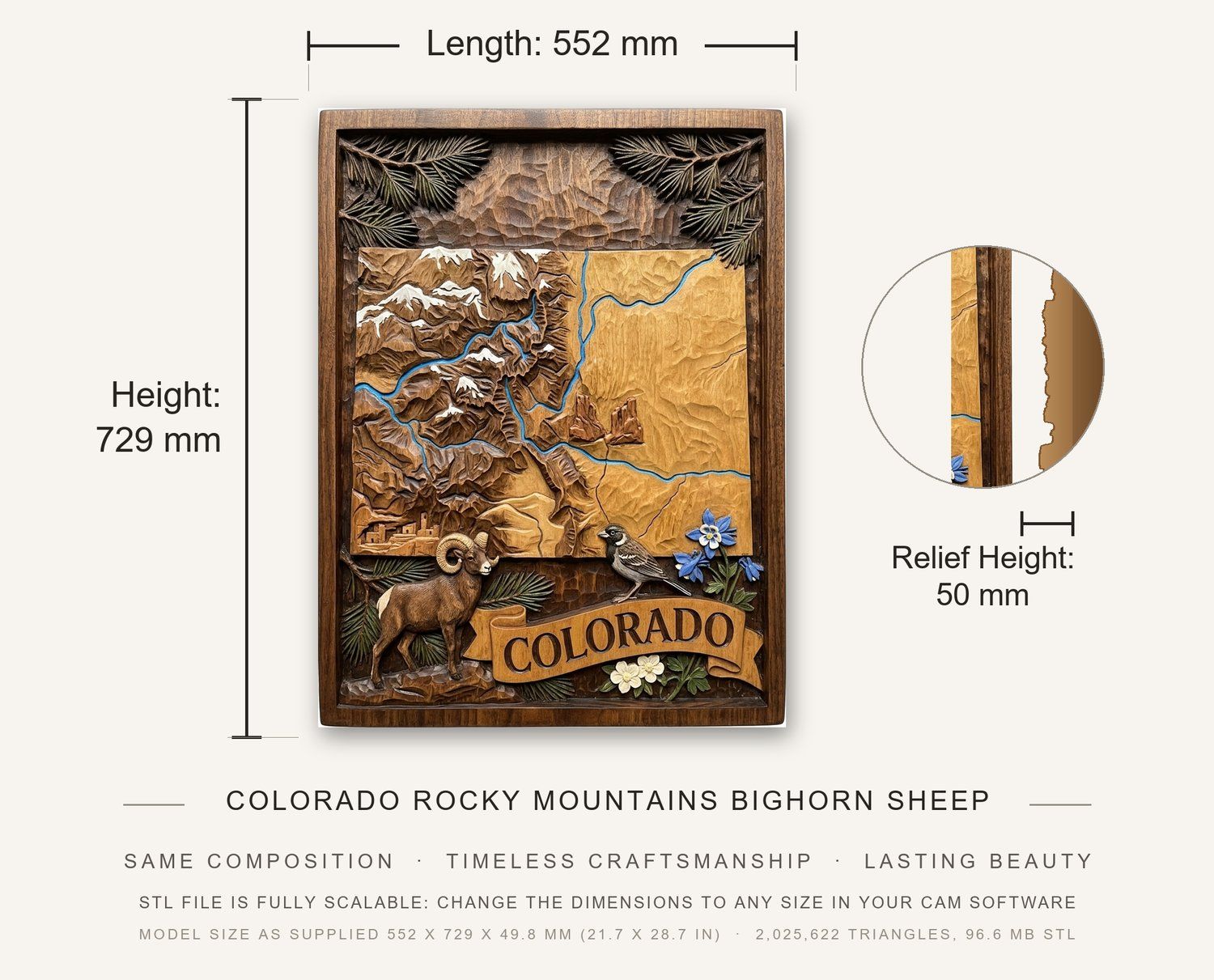 Colorado Rocky Mountains Bighorn Sheep CNC Relief STL bas-relief STL — view 3