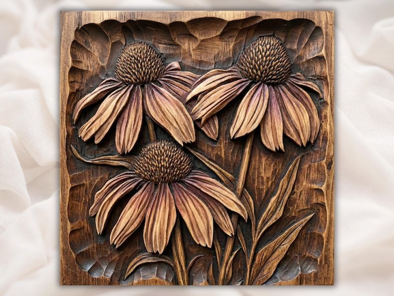 Carved wood bas-relief of three coneflower echinacea blooms with drooping petals and spiky textured centers