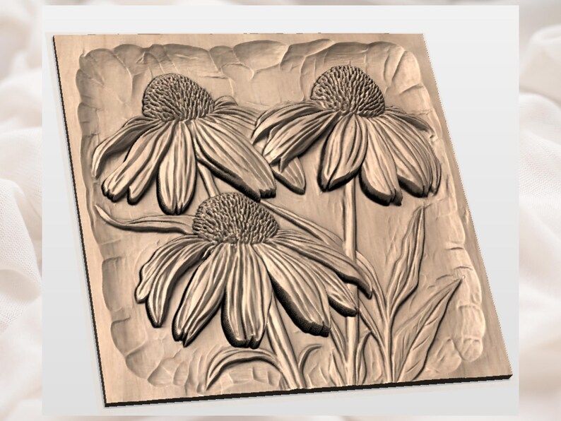 Three Coneflowers Bas-Relief STL, Echinacea Wildflower Panel bas-relief STL — view 2