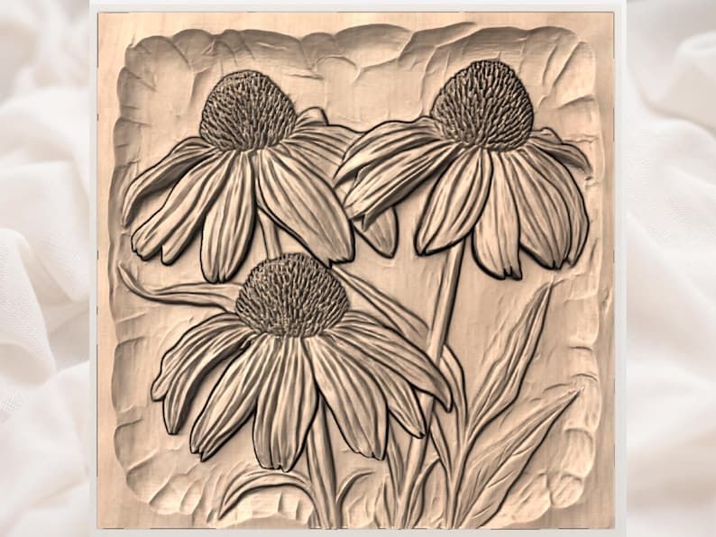 Three Coneflowers Bas-Relief STL, Echinacea Wildflower Panel bas-relief STL — view 3