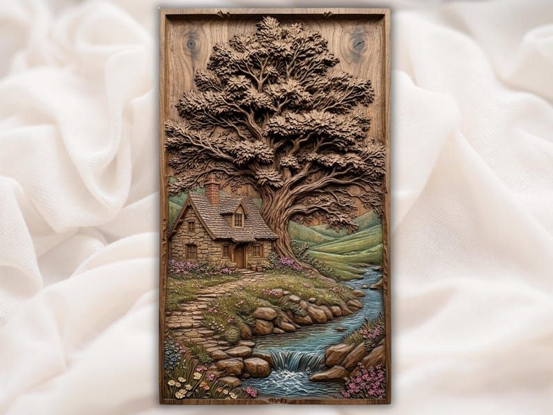 Bas-relief wood carving of a stone cottage under a large spreading tree beside a winding creek and flowers.