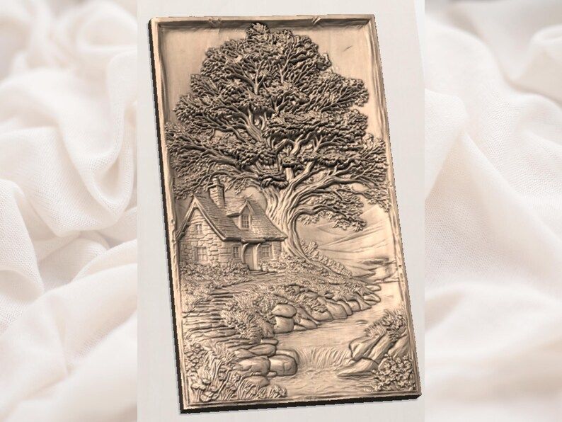 Stone Cottage and Spreading Oak by the Creek Relief STL bas-relief STL — view 2