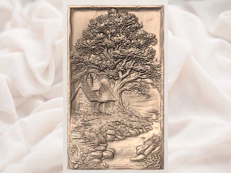 Stone Cottage and Spreading Oak by the Creek Relief STL bas-relief STL — view 3