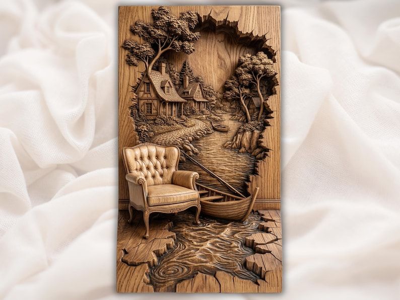 Bas-relief carving of a cottage by a river with leather armchair and rowboat breaking through wood