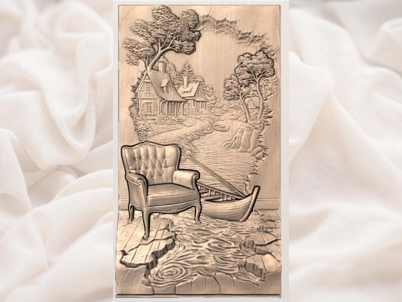 Cottage by the River 3D Illusion Relief with Armchair and Boat bas-relief STL — view 2
