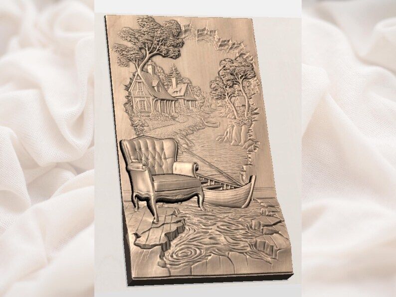 Cottage by the River 3D Illusion Relief with Armchair and Boat bas-relief STL — view 3