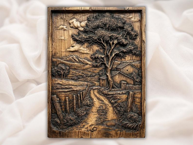 Carved wood relief of a country road winding past a fence and barn under a large tree and hills