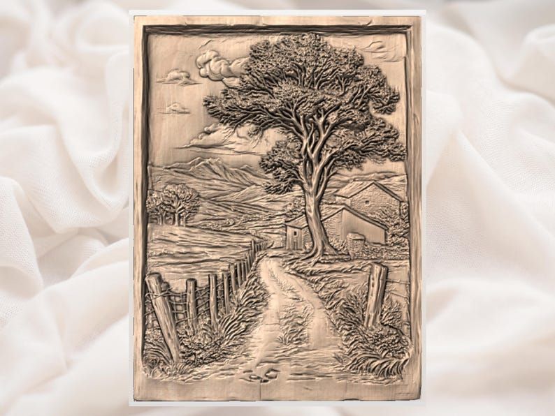 Country Lane and Farmhouse Bas-Relief STL for CNC Carving bas-relief STL — view 2