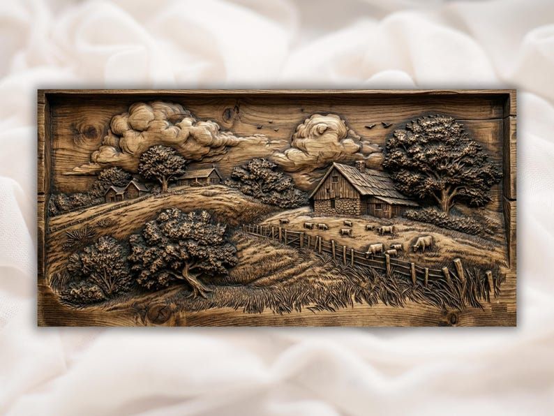 Carved wood bas-relief of a rustic barn, rolling hills, oak trees, fence, grazing sheep, and clouds