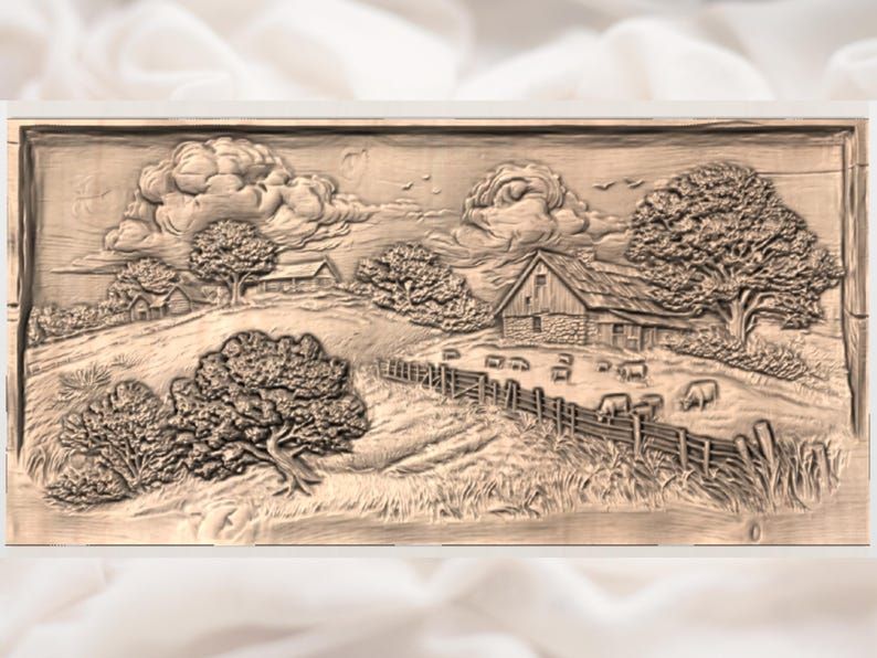 Countryside Barn and Pasture Bas-Relief Farm Landscape STL bas-relief STL — view 3