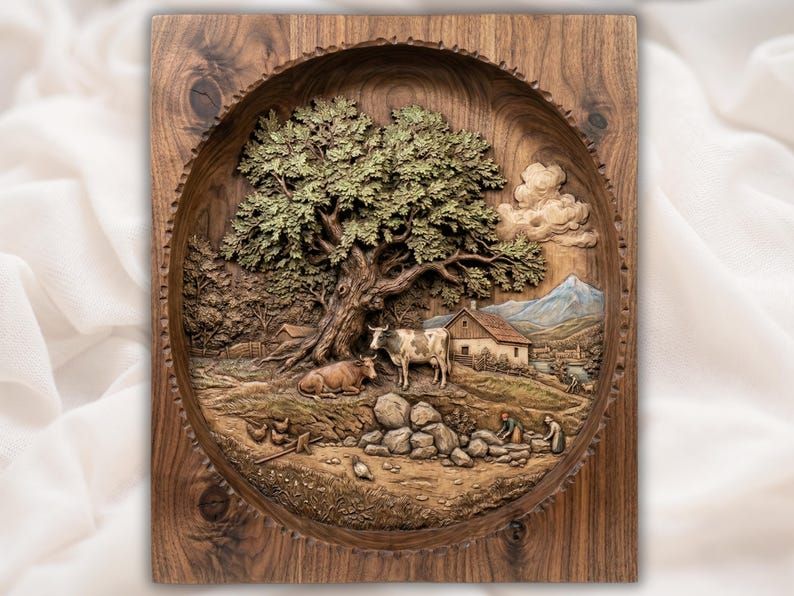 Bas-relief wood carving of an old oak tree, two cattle, a cottage, and distant mountains in an oval frame.