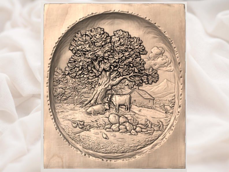 Old Oak Farmstead Relief, Cattle and Mountain Cottage Scene bas-relief STL — view 2