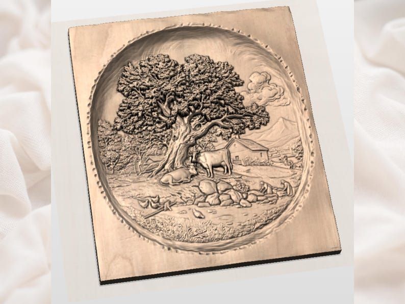 Old Oak Farmstead Relief, Cattle and Mountain Cottage Scene bas-relief STL — view 3