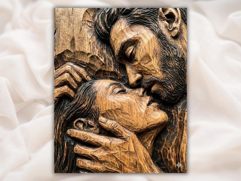 Carved wood bas-relief of a bearded man kissing a woman as he cradles her face in his hands