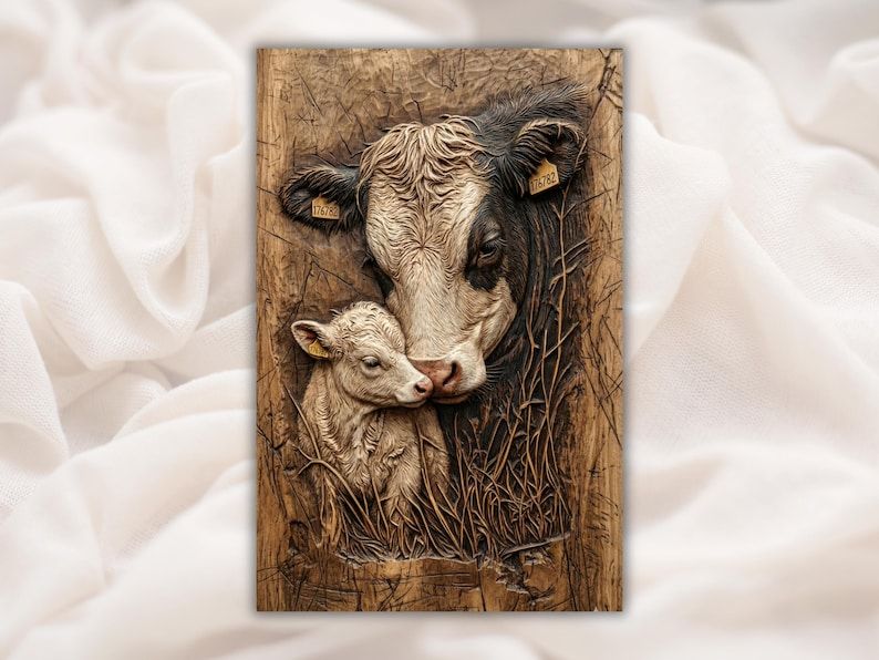 Carved wood bas-relief of a mother cow nuzzling her calf in tall grass with ear tags