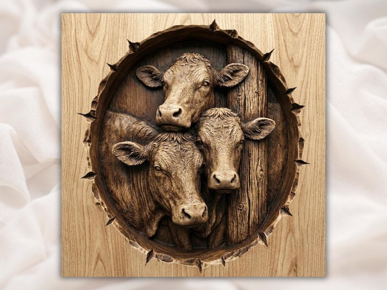 Bas-relief carving of three cow heads peeking through a rustic barn door inside a torn-edge oval frame