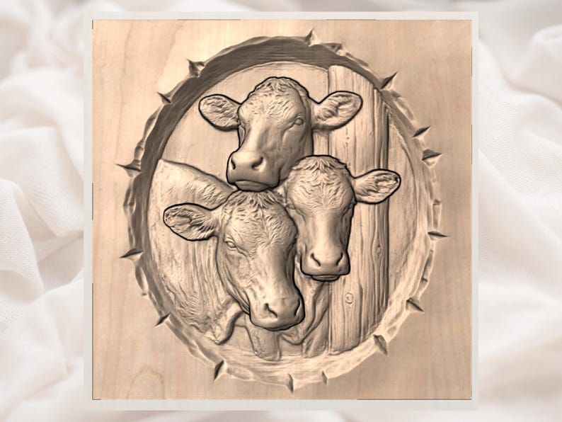 Three Cattle Heads Through a Barn Door Bas-Relief STL bas-relief STL — view 2