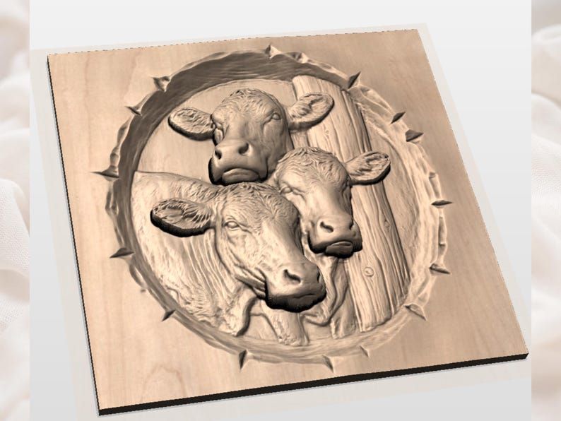 Three Cattle Heads Through a Barn Door Bas-Relief STL bas-relief STL — view 3