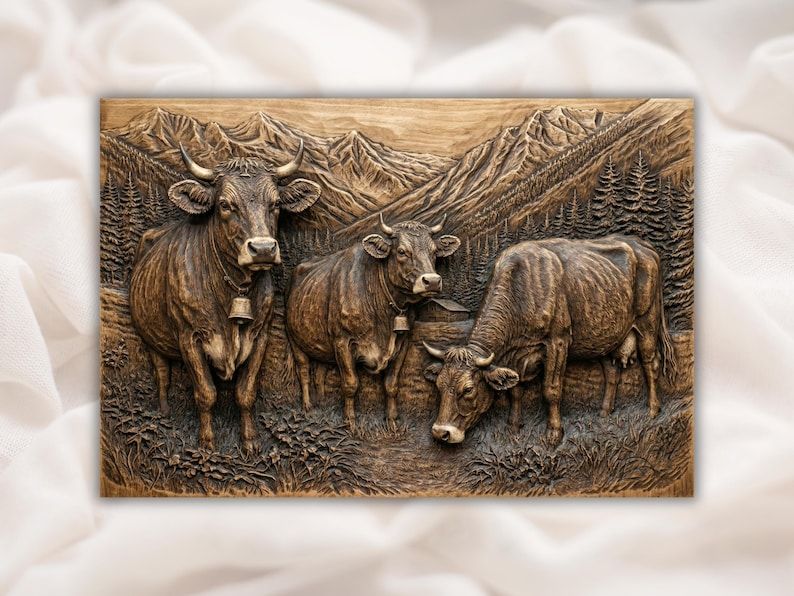 Bas-relief wood carving of three alpine cows with cowbells grazing before mountains and pine forest