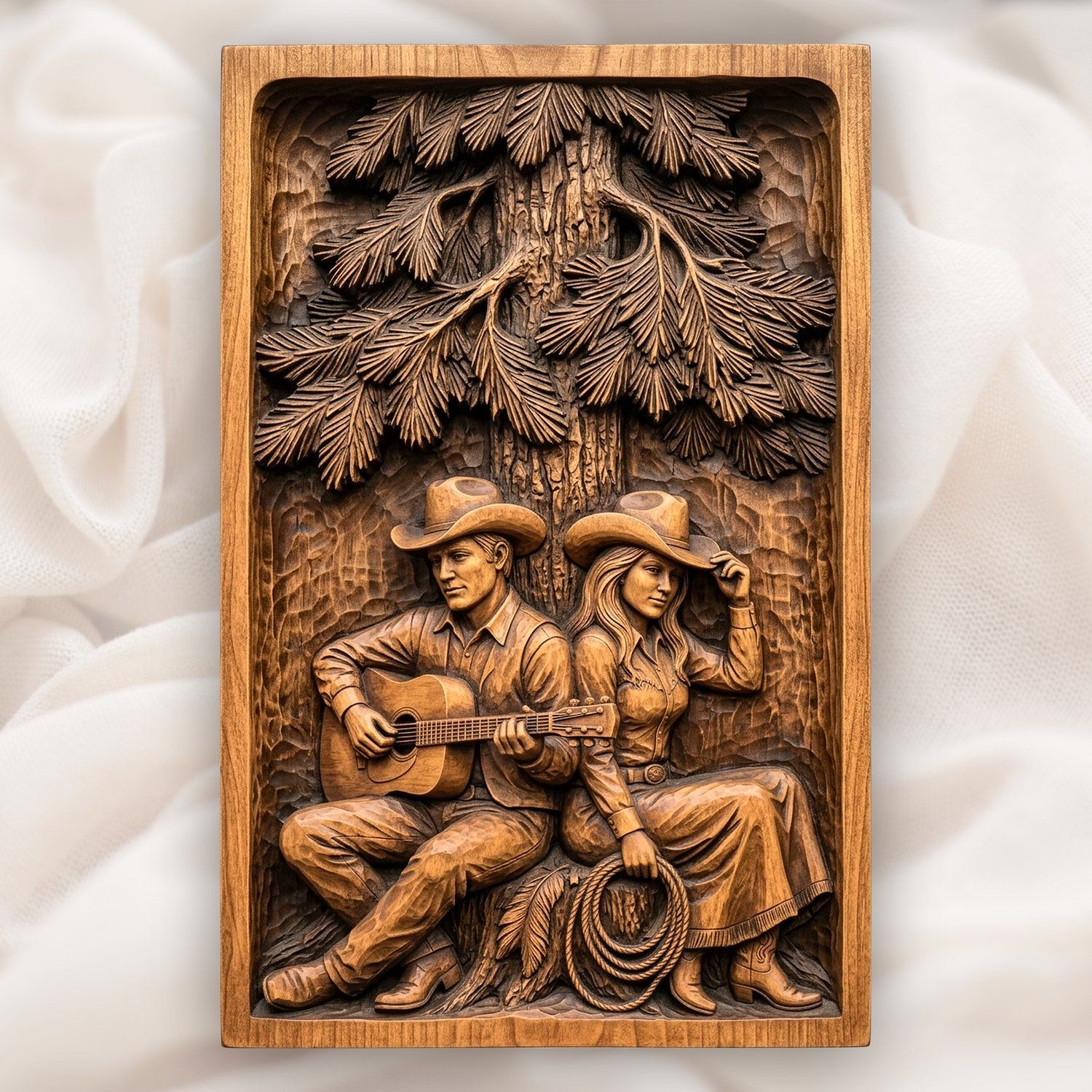 Cowboy and Cowgirl Pine Tree Music CNC Relief STL bas-relief STL design