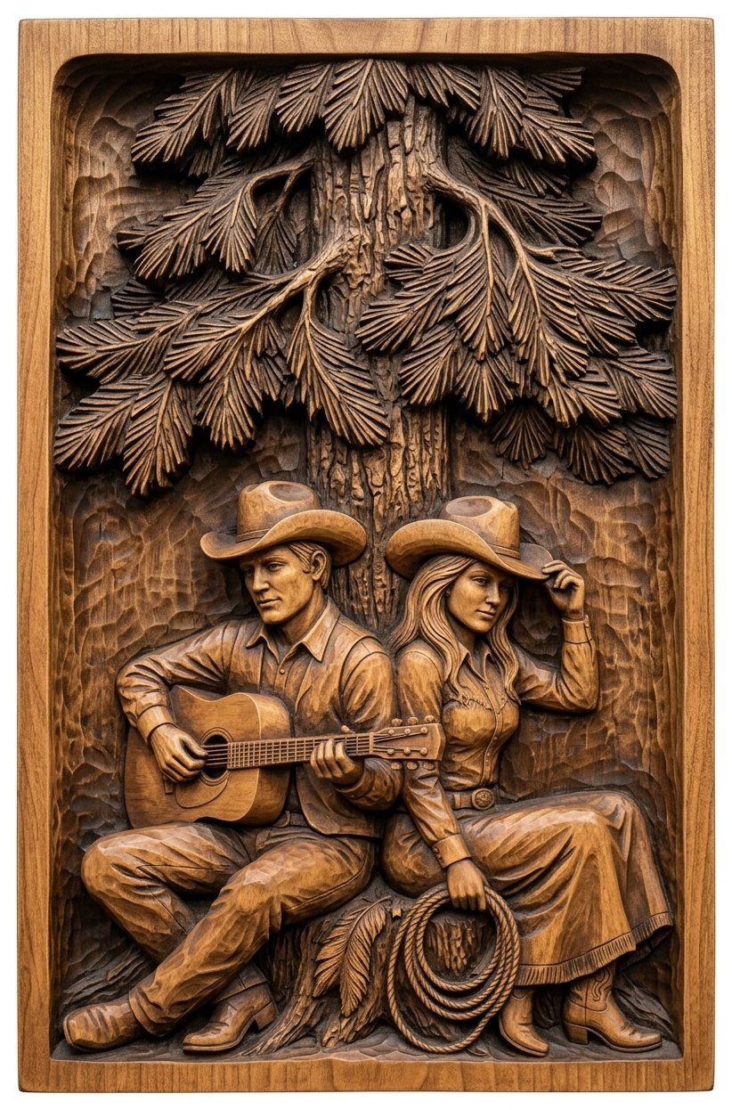 Cowboy and Cowgirl Pine Tree Music CNC Relief STL bas-relief STL — view 12