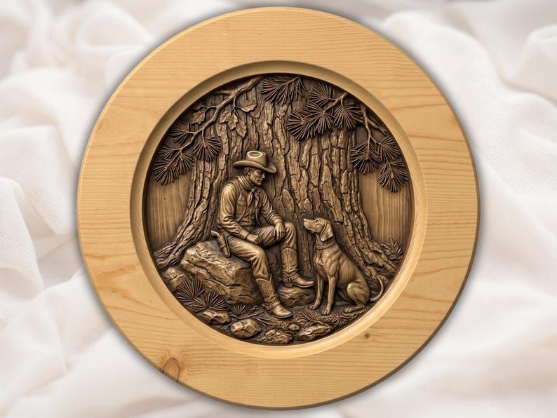 Round wood relief carving of a cowboy resting on a rock under pine trees with his dog sitting beside him