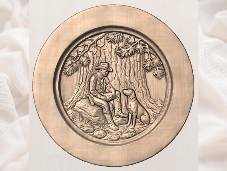 Cowboy and His Dog Resting Under Pines Round Relief STL bas-relief STL — view 2