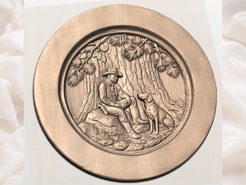 Cowboy and His Dog Resting Under Pines Round Relief STL bas-relief STL — view 3