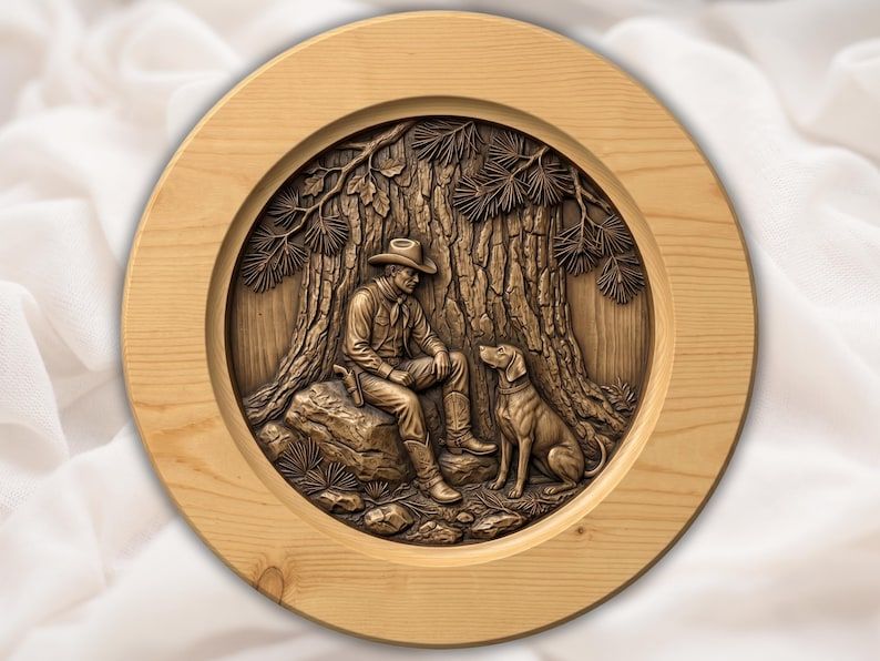 Cowboy and His Dog Resting Under Pines Round Relief STL bas-relief STL design