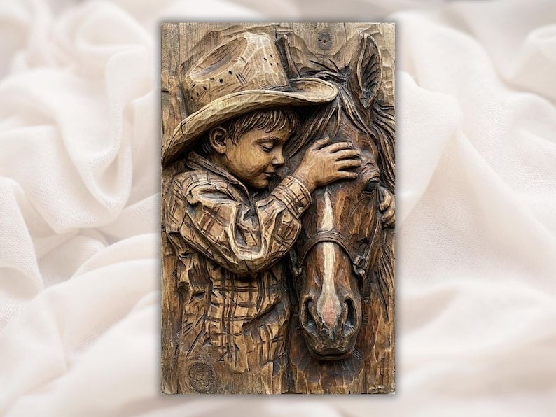 Carved wood relief of a young cowboy in a straw hat hugging his horse, eyes closed, hand on the horse's face.