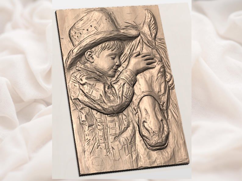 Young Cowboy Hugging His Horse Bas-Relief STL bas-relief STL — view 2