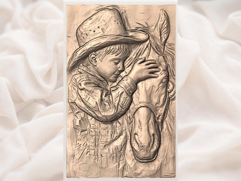 Young Cowboy Hugging His Horse Bas-Relief STL bas-relief STL — view 3