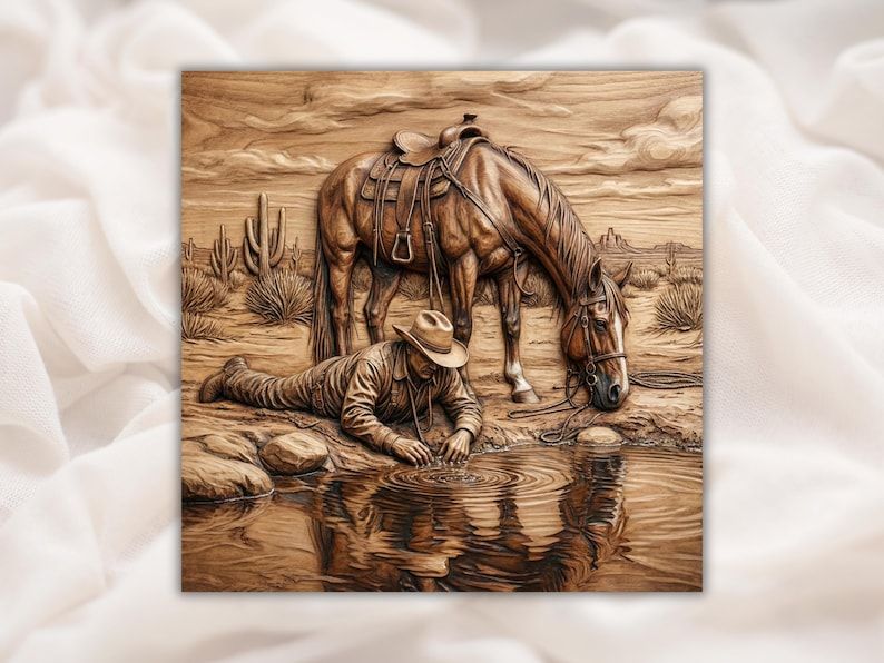 Bas-relief wood carving of a cowboy drinking at a desert water hole beside his saddled horse with cactus behind