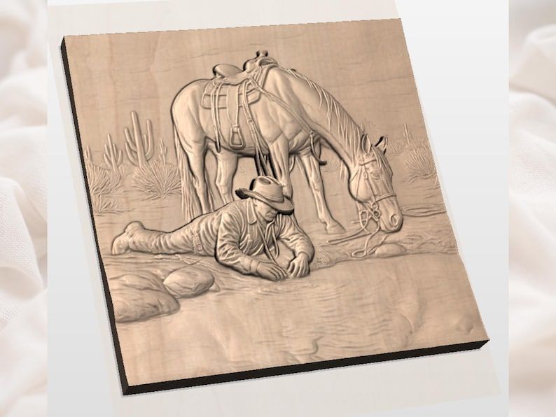 Cowboy Drinking at the Desert Water Hole Relief STL bas-relief STL — view 2
