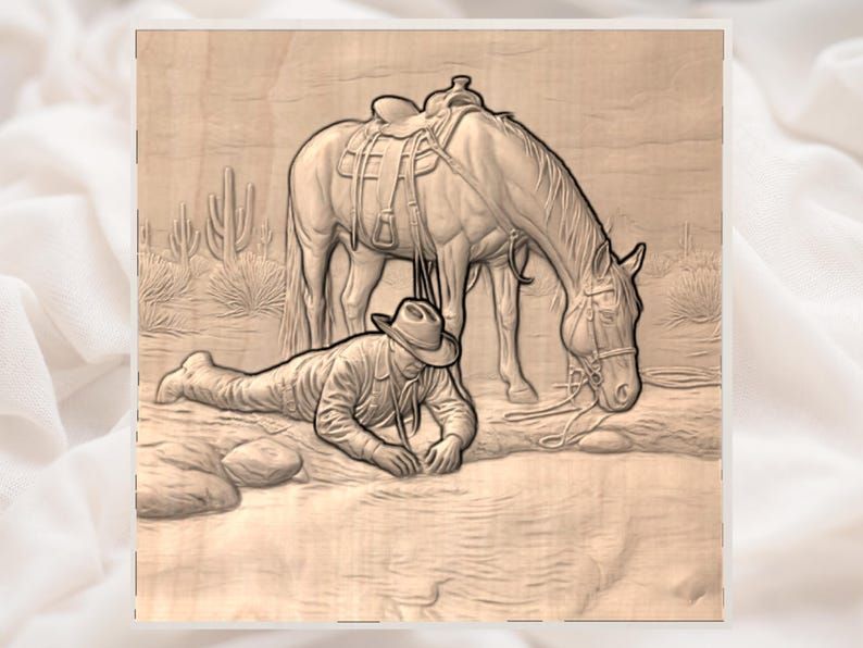 Cowboy Drinking at the Desert Water Hole Relief STL bas-relief STL — view 3