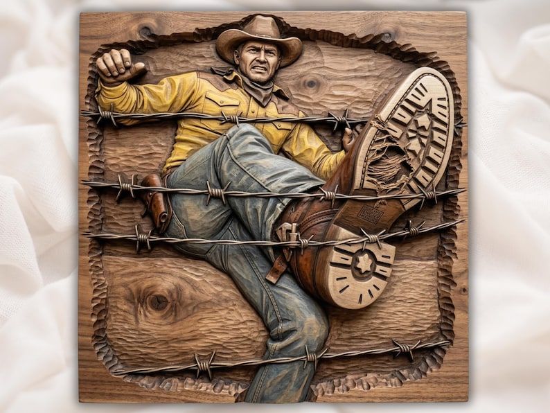 Bas-relief wood carving of a cowboy in a hat falling back into barbed wire with one boot kicked up