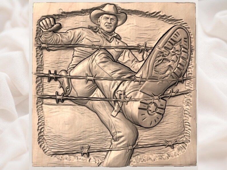 Cowboy Tangled in Barbed Wire Bas-Relief STL Carving File bas-relief STL — view 3