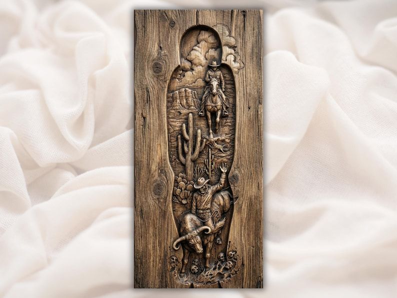Bas-relief carving shaped like a cowboy boot showing a horseback rider, cactus desert, and a cowboy with a longhorn bull.