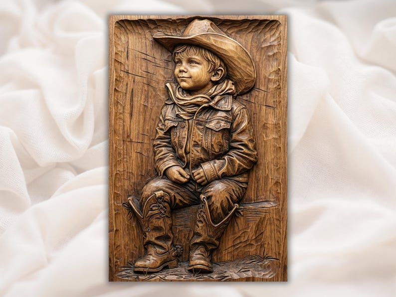 Bas-relief wood carving of a young cowboy boy seated in boots and a wide hat with denim jacket