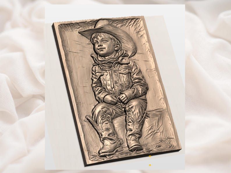 Little Cowboy Sitting in Boots and Hat 3D Relief STL bas-relief STL — view 2