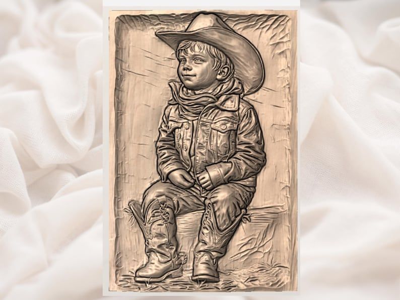 Little Cowboy Sitting in Boots and Hat 3D Relief STL bas-relief STL — view 3