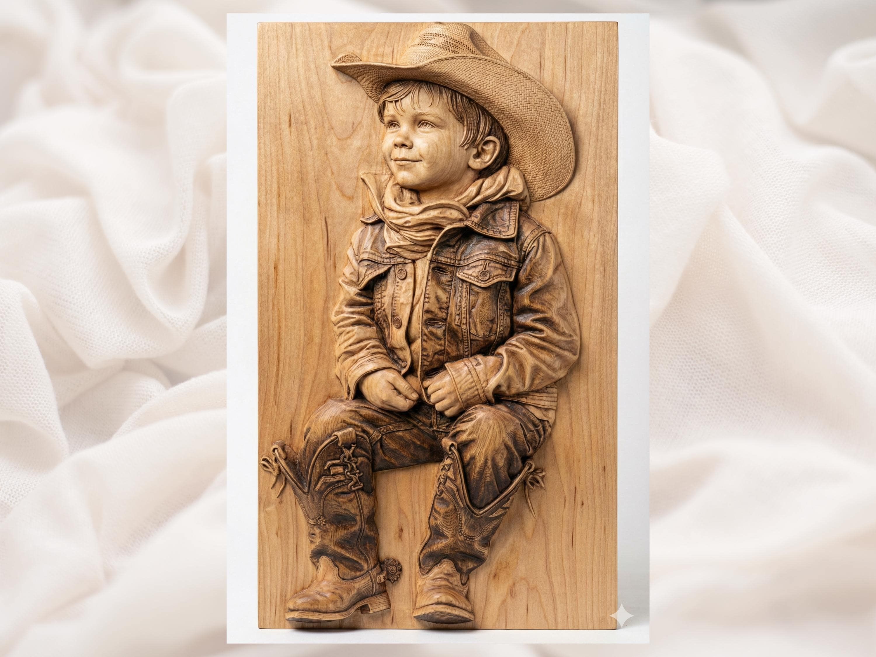 Bas-relief wood carving of a young cowboy boy in a straw hat, denim jacket, and cowboy boots, seated