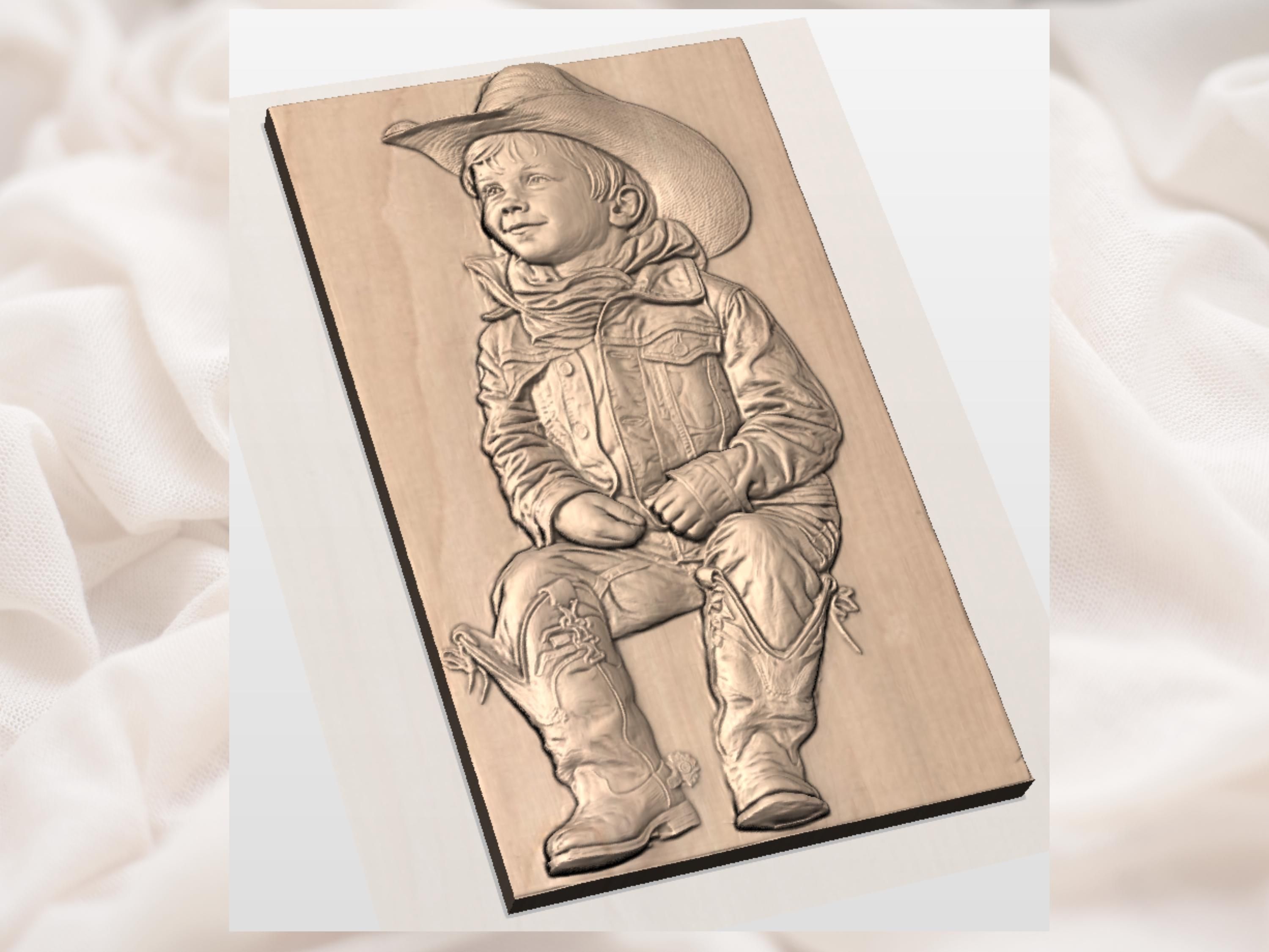 Little Cowboy Boy Bas-Relief STL, Seated Western Kid Portrait bas-relief STL — view 2