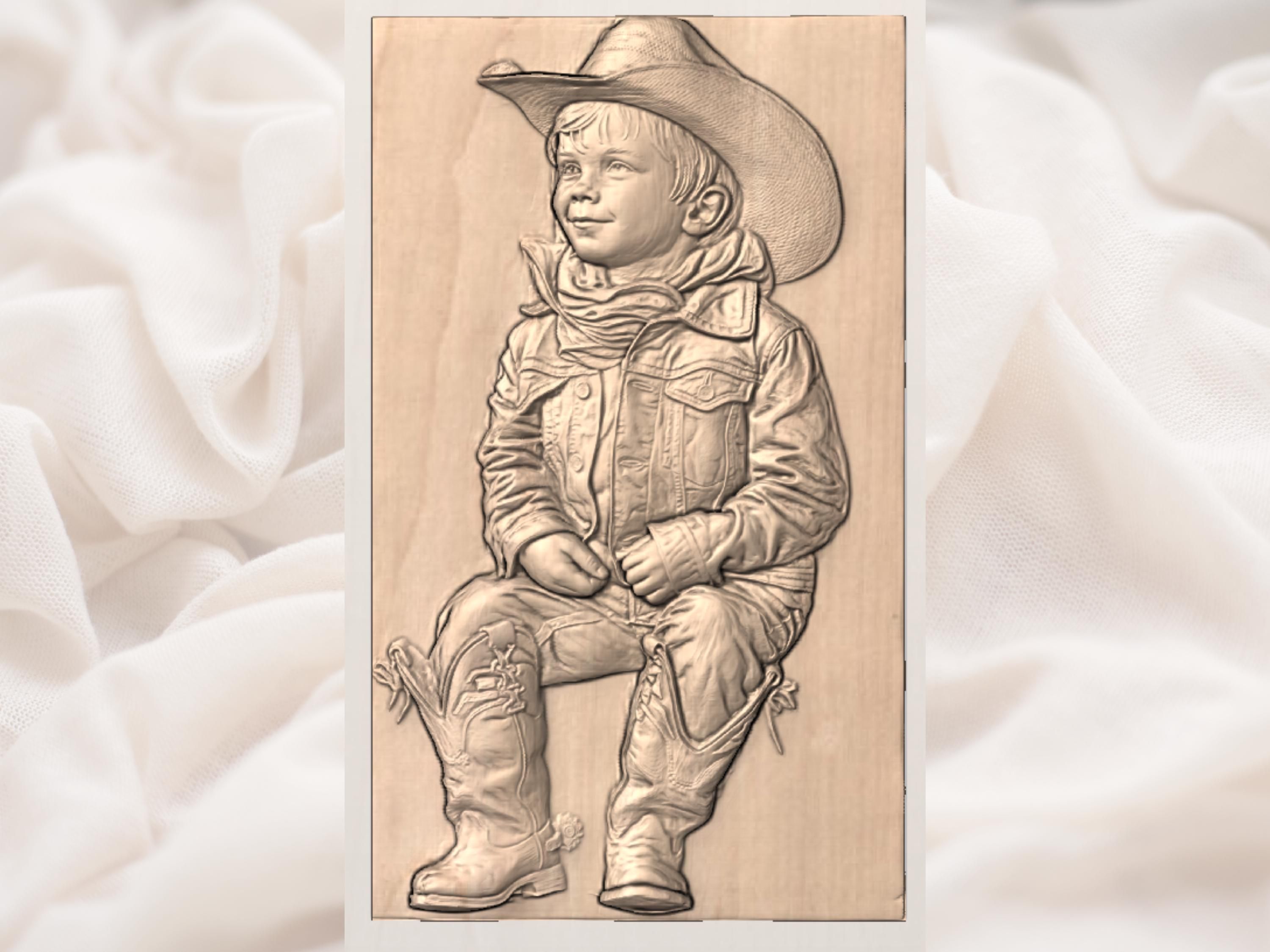 Little Cowboy Boy Bas-Relief STL, Seated Western Kid Portrait bas-relief STL — view 3