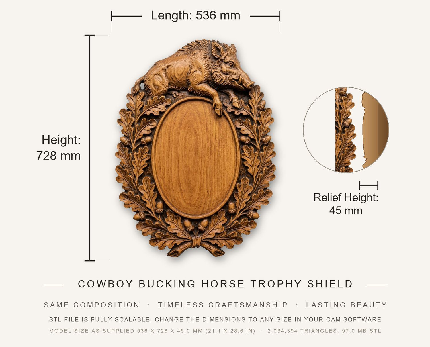 Cowboy Bucking Horse Trophy Shield CNC Relief STL bas-relief STL — view 3